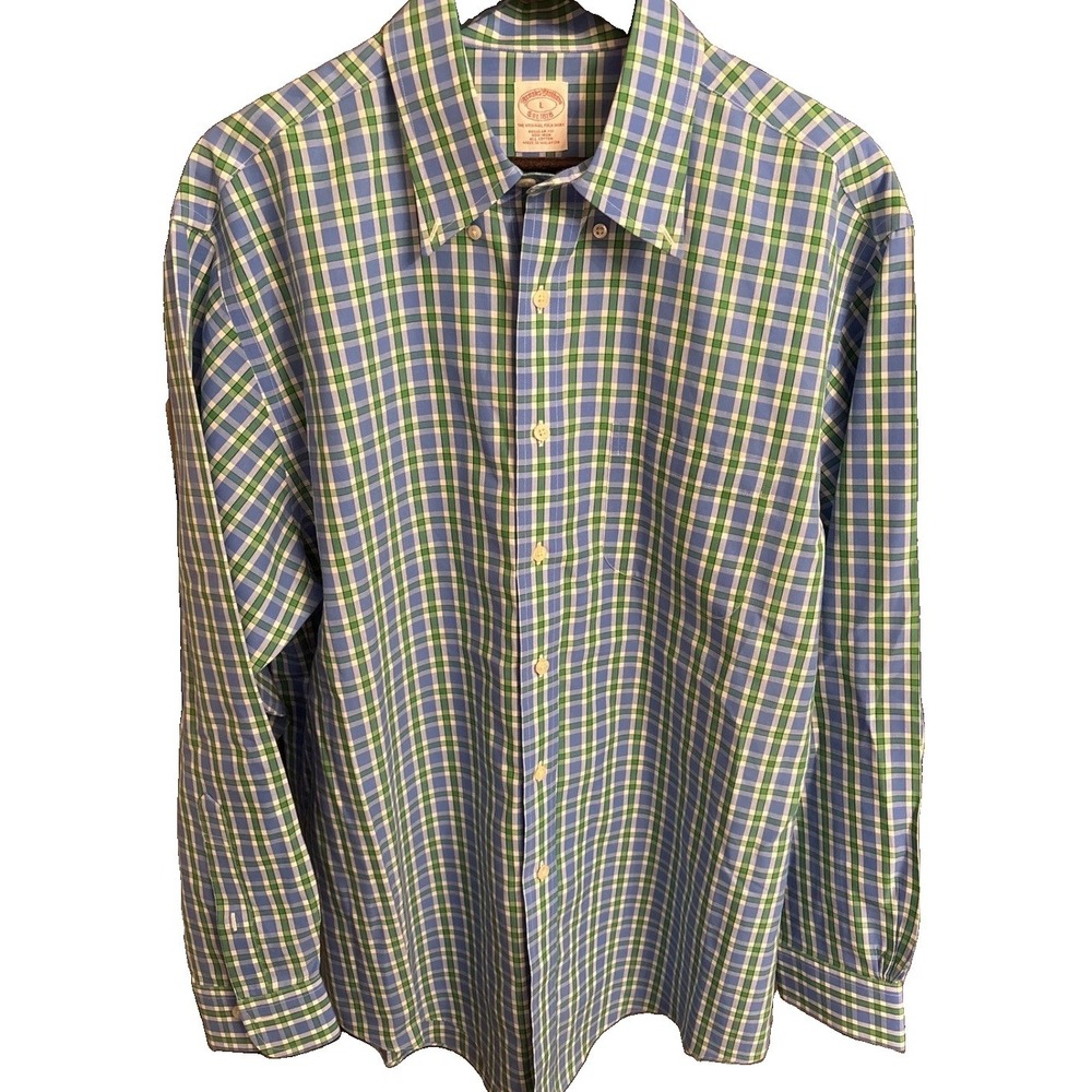 Brooks Brothers Mens Regular Fit Non-Iron Plaid Button Down Shirt Blue Green LG